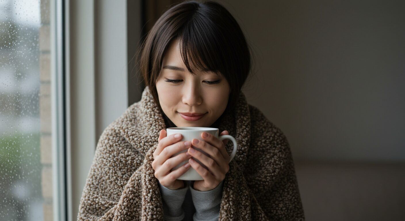 失恋のスピリチュアルな意味探しに疲れた女性が、温かい飲み物で心を癒やしている様子