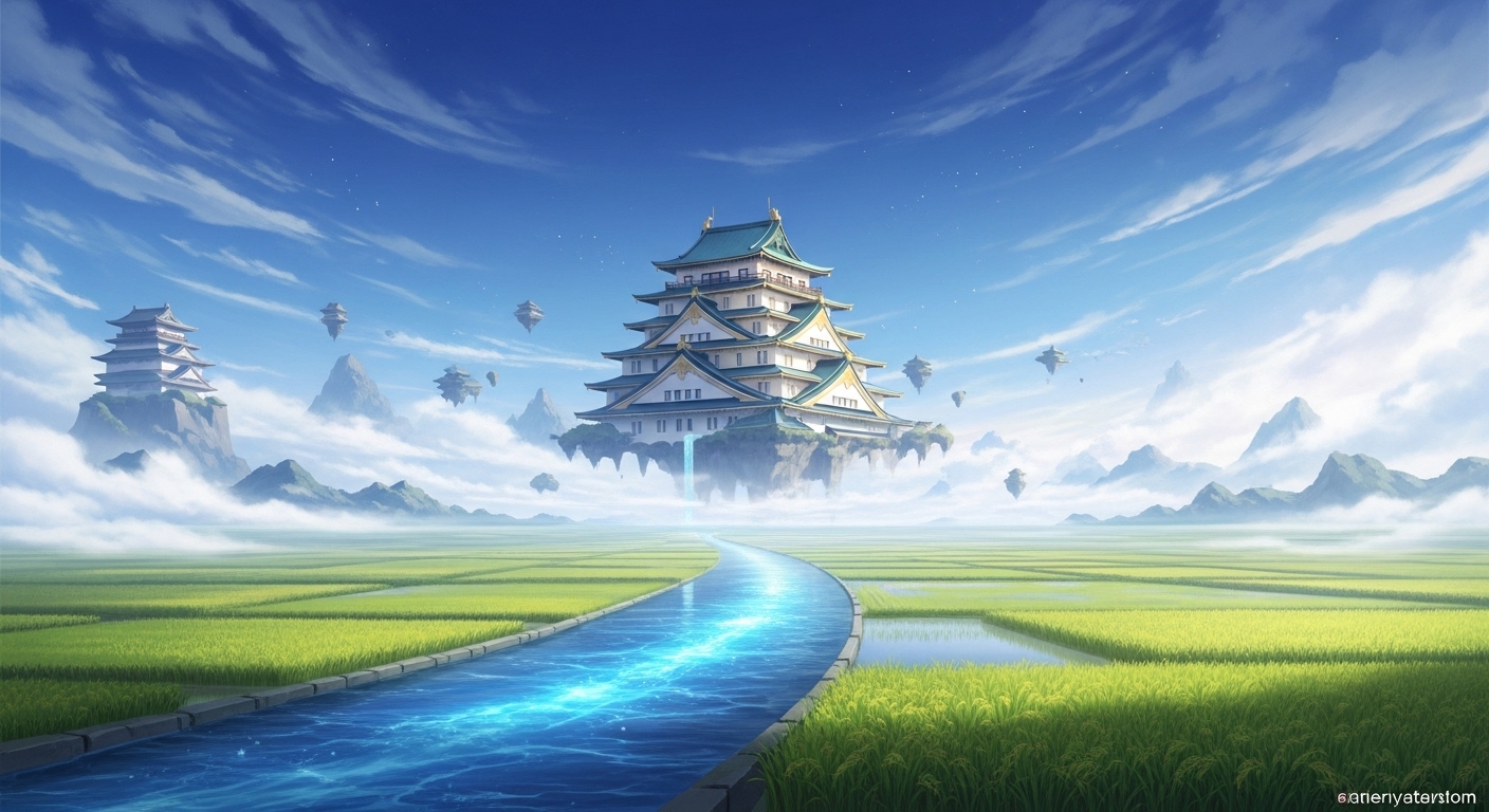 天空に広がる壮大な雲海の上に浮かぶ、日本の古代建築様式の美しい宮殿。宮殿からは天の川のような清らかな川が流れ、周囲には神々が耕すという神聖な田んぼが広がっている。全体的に柔らかく神々しい光に包まれており、神秘的でありながらもどこか懐かしさを感じる雰囲気。16:9の画角で、登場人物は描かない。