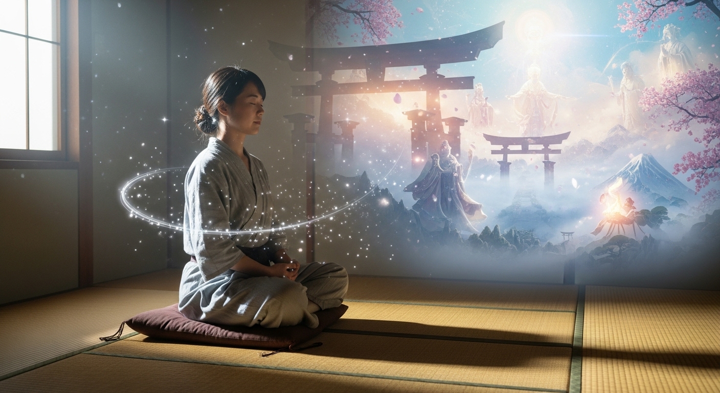 朝、光が差し込む静かな部屋で、一人の日本人女性が安らかな表情で瞑想している。彼女の周りには、キラキラと輝く光の粒子が舞っており、その背後には日本の神話に出てくるような神々しい天上の世界の風景がうっすらと透けて見える。現実とスピリチュアルな世界が融合しているイメージ