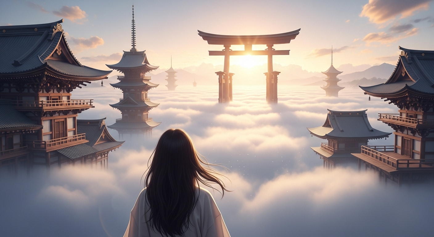 壮大な雲海の上に浮かぶ、日本の古代神話に出てくる神殿が立ち並ぶ幻想的な風景。鳥居の向こうから神々しい光が差し込んでいる。手前には、その光を穏やかな表情で受け取っている30代の日本人女性の後ろ姿。全体的に柔らかく、神聖でスピリチュアルな雰囲気