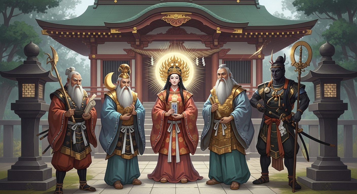 日本の神話に登場する高天原の主要な神々が、神殿の前に集結している様子のイラスト。中央には太陽のように光り輝く衣をまとった慈愛あふれる天照大御神。その隣には、月を背負い静かに佇む月読命と、剣を持ち力強い表情の須佐之男命。少し離れた場所で、賢そうな表情の思金神が巻物を広げている。それぞれの役割と個性が一目でわかる、壮大で豪華な雰囲気。