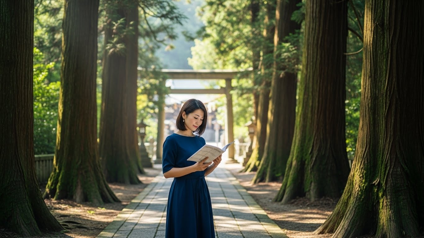30代後半の日本人女性が、木々の茂る神社の参道で静かに手帳を見ている。穏やかな表情。自然光。平和な雰囲気