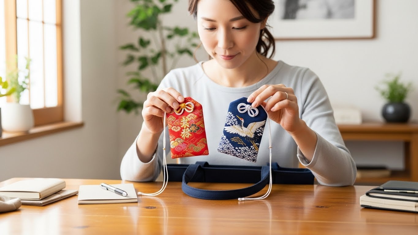 木製のテーブルの上でバッグの中身を整理している30代日本人女性。2つの異なるカラフルなお守りを、優しく敬意を持って手に持っている。自然光、清潔で整頓された部屋、平和な雰囲気。