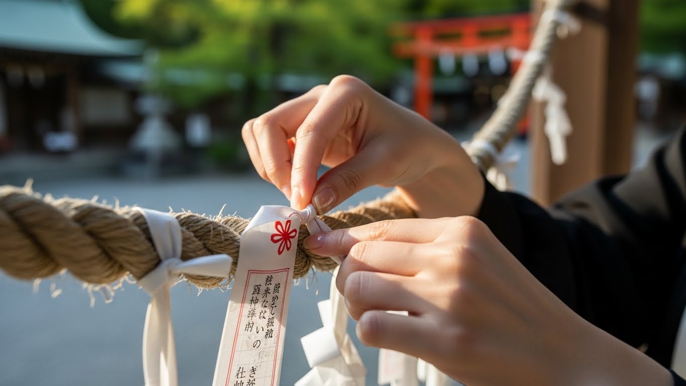 神社の所定の縄に白いおみくじを結んでいる日本人女性の手元のアップ。背景の緑と赤い鳥居はソフトフォーカス。優しく敬意に満ちた雰囲気。自然光