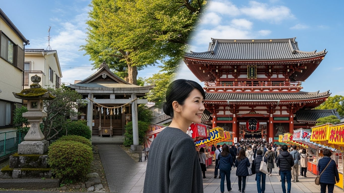 分割構図。左：住宅街にひっそりと佇む小さな地元の神社（氏神）。右：多くの参拝客で賑わう立派な大きな神社（崇敬神社）。中央で敬意のこもった笑顔で両方を見ている日本人女性。リアルなスタイル。