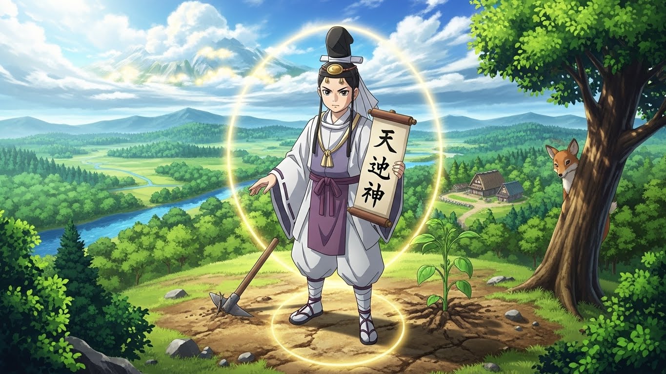 イラスト風またはリアルな写真。古代の神話の衣装を着た若い日本人男性（ニニギノミコト）が、黄金色の稲穂を持って田んぼに立ち、希望と不安が入り混じった表情で広大で荒々しい風景を見ている。雲間から差し込む暖かい日差し。