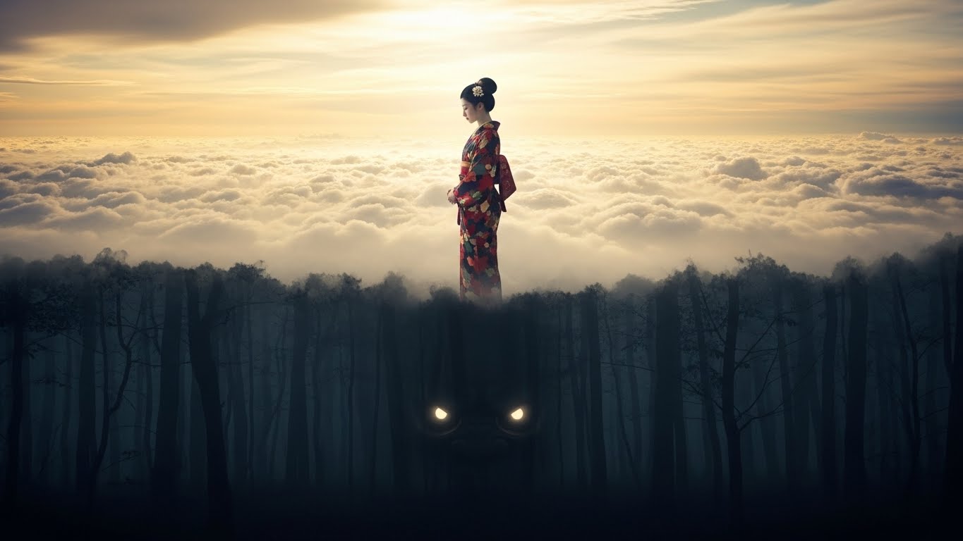 概念的なアート画像。上半分は光と雲に包まれた黄金の高天原。下半分は暗く霧が立ち込める森の中に、隠れた生き物（鬼）の光る目がうっすらと見える。中央には、光の中に立ちながらも穏やかで瞑想的な表情で影を見つめる日本人女性。均衡の象徴。リアルかつ神秘的なスタイル。
