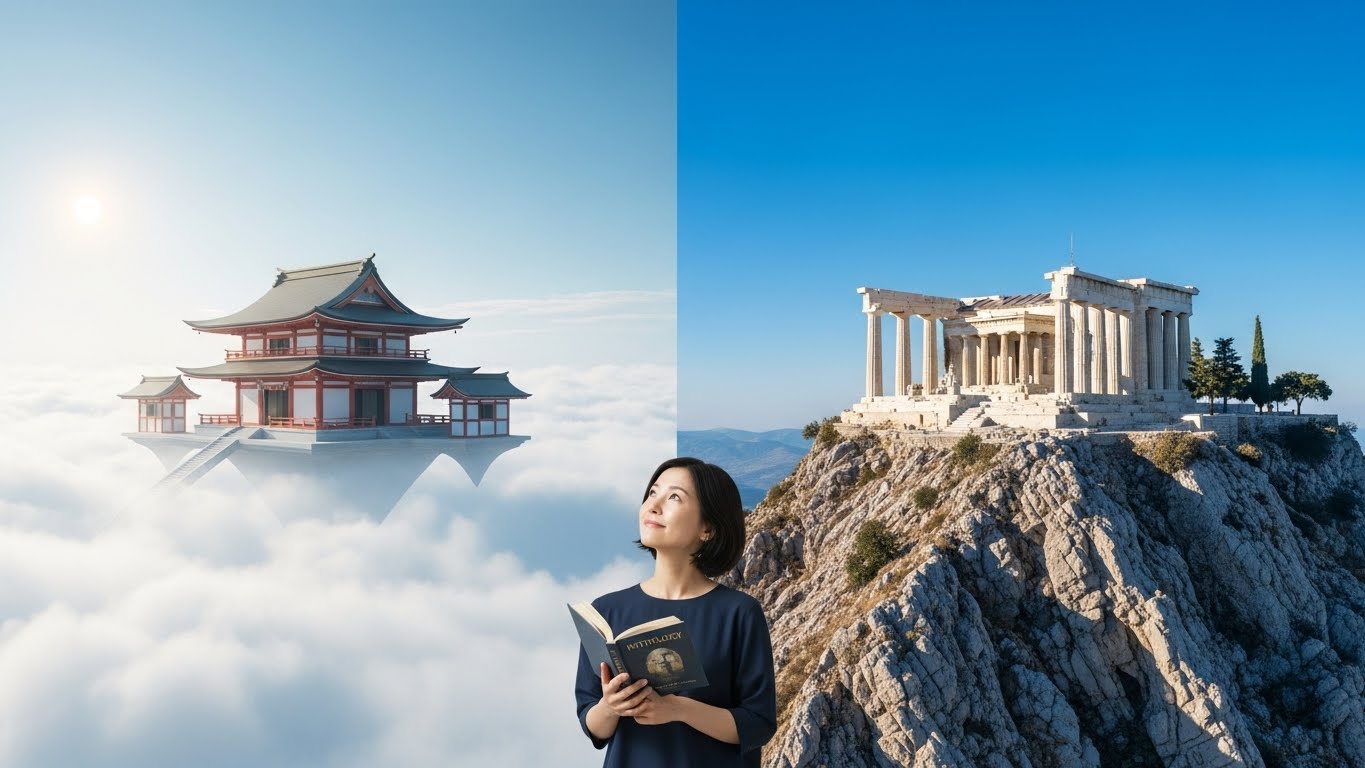 概念的なアート画像。分割画面。一方は、柔らかな太陽の下、穏やかな白い雲に浮かぶミニマルな日本の神社建築。もう一方は、鮮やかな青空の下、高い山頂にそびえる壮大な大理石のギリシャの宮殿。手前には、神話の本を持ち、思慮深い微笑みで空を見上げる30代後半の現代の日本人女性。リアルで幽玄な照明。