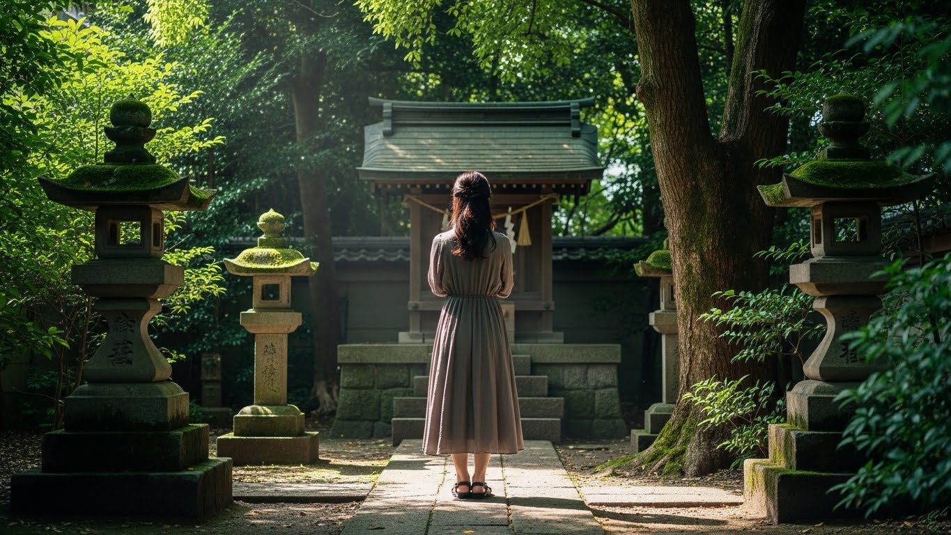 東京の静かな神社で祈りを捧げる30代日本人女性の後ろ姿。都会だが緑に囲まれている。木漏れ日。上品なカジュアルファッション。平和で精神的な雰囲気