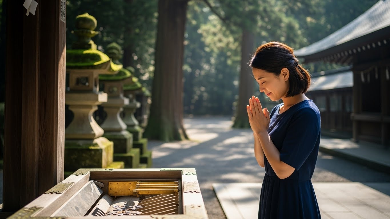 神社の木製の賽銭箱の前で、手を合わせ、安堵の穏やかな微笑みで軽くお辞儀をする30代日本人女性。木漏れ日、静謐な雰囲気。