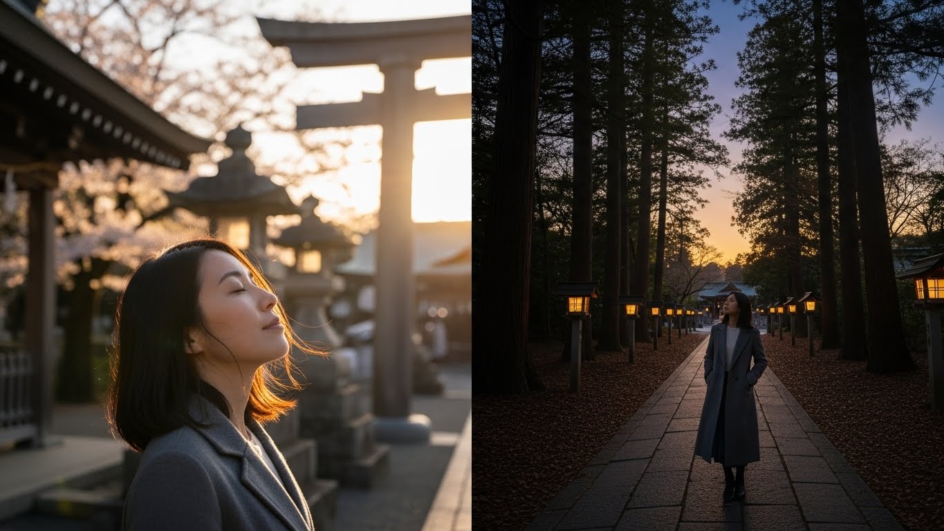 分割構図。左側：朝の光の中で神社の澄んだ空気を吸い込む30代日本人女性。右側：夕暮れ時の参道を静かに歩く同じ女性、落ち着いた表情。朝の爽やかさと夕方の静寂の対比