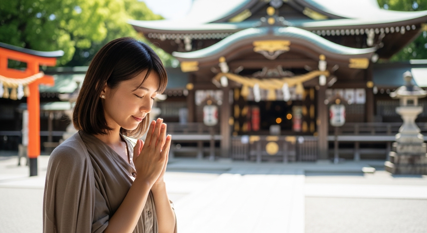 神社の拝殿前で目を閉じて手を合わせ、静かに祈っている20代日本人女性の様子