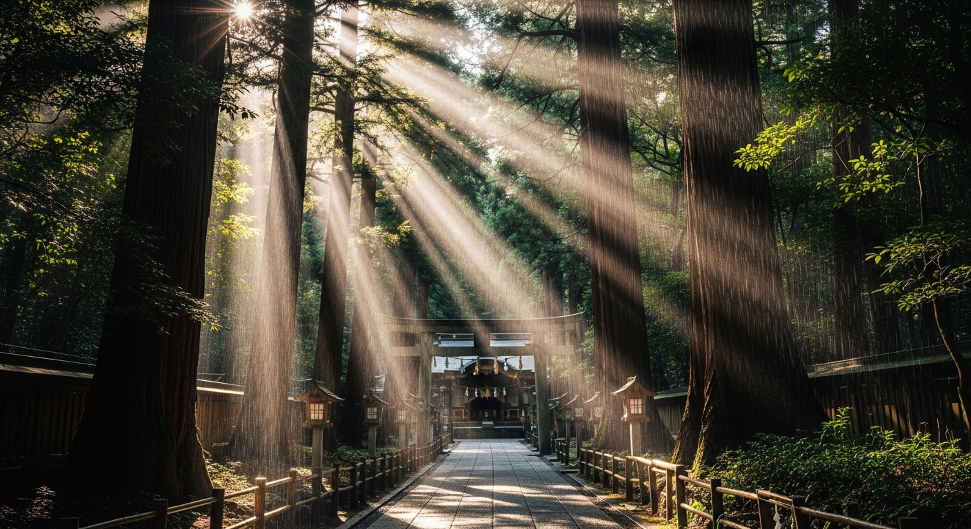 木漏れ日が差す神社の参道に天気雨が降っている神秘的な風景
