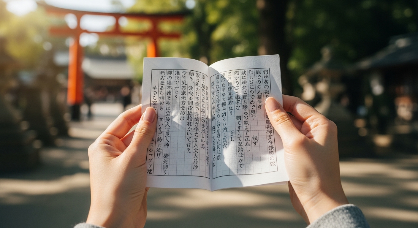 神社の境内で開いたおみくじを手に持ち、真剣に内容を読んでいる様子