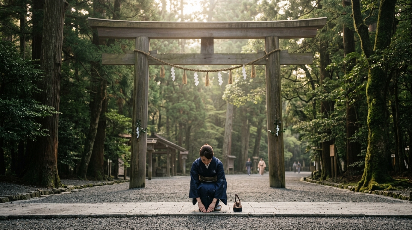 伊勢神宮の鳥居の前で丁寧に一礼をする20代の日本人女性