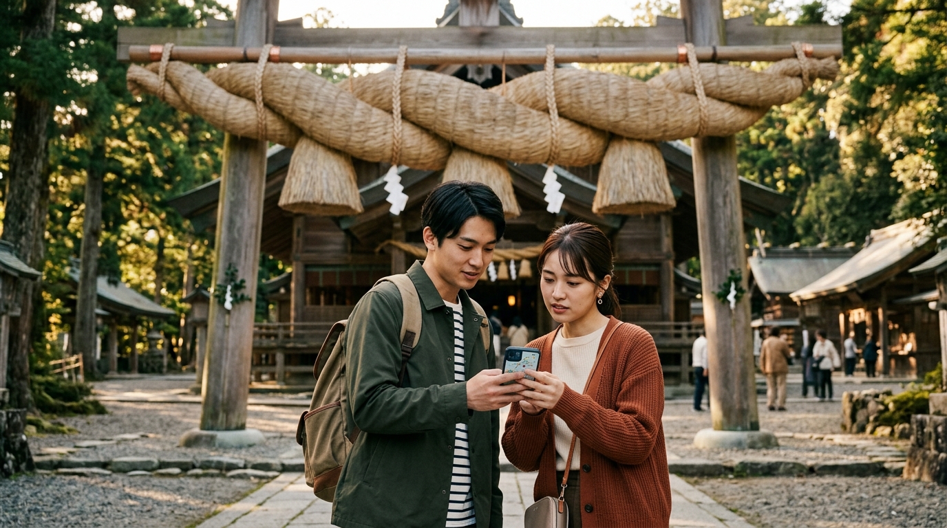 出雲大社の巨大なしめ縄の前で、参拝日やマナーについてスマートフォンで調べる20代〜30代の日本人男女